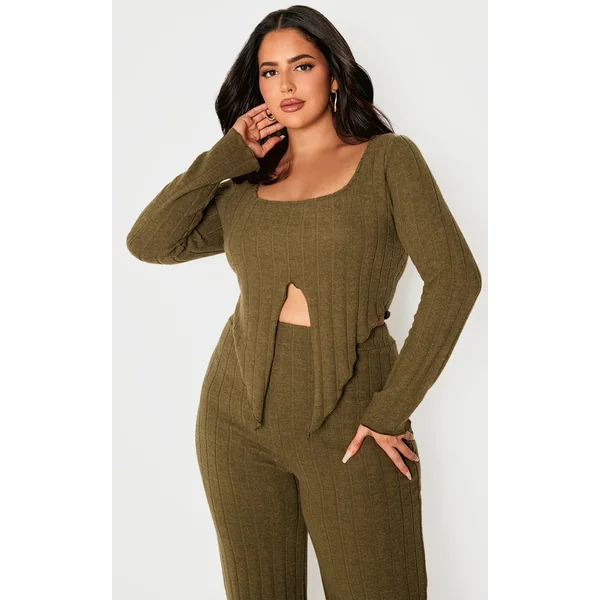 Plus Khaki Soft Touch Ribbed Long Sleeve Top