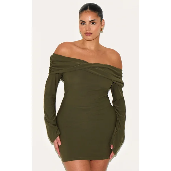 Plus Khaki Soft Touch Twist Detail Bardot Bodycon Dress