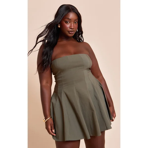 Plus Khaki Stretch Woven Bandeau Pleated Shift Dress