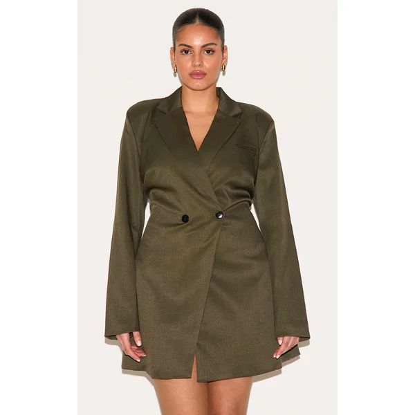 Plus Khaki Woven Cinched Waist Blazer Dress