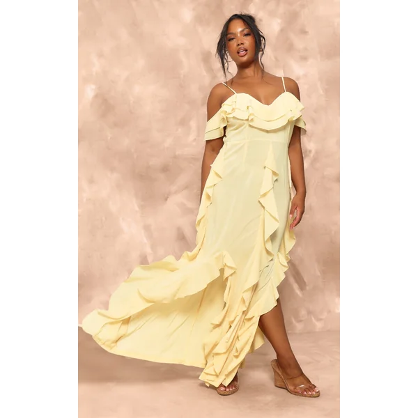 Plus Lemon Cold Shoulder Ruffle Detail Maxi Dress