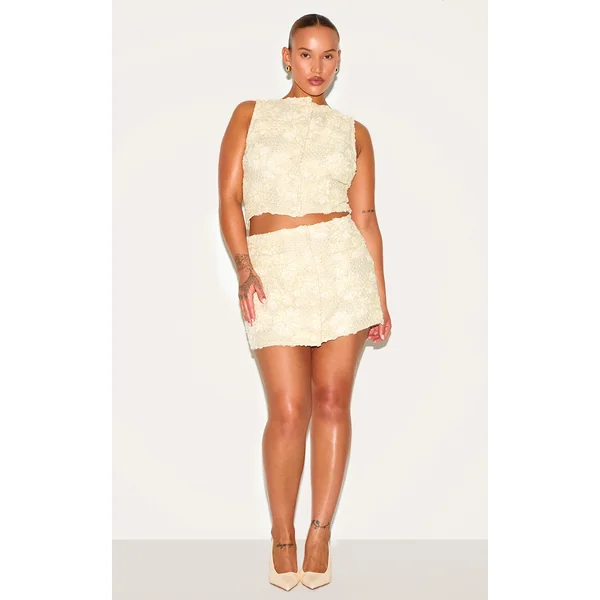 Plus Lemon Floral Boucle Button Up Mini Skirt