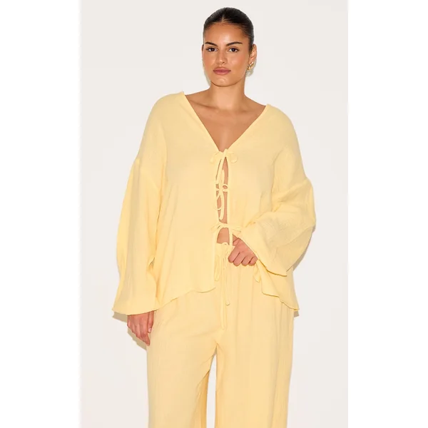 Plus Lemon Textured Cheesecloth Tie Front Shirt