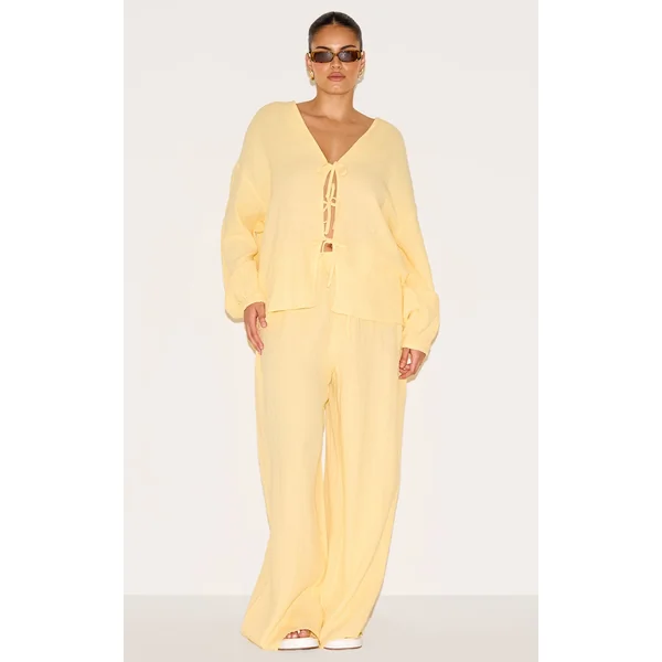 Plus Lemon Textured Cheesecloth Wide Leg Pants