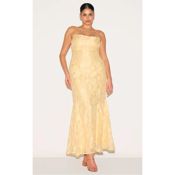 Plus Lemon Textured Lace Up Back Maxi Dress