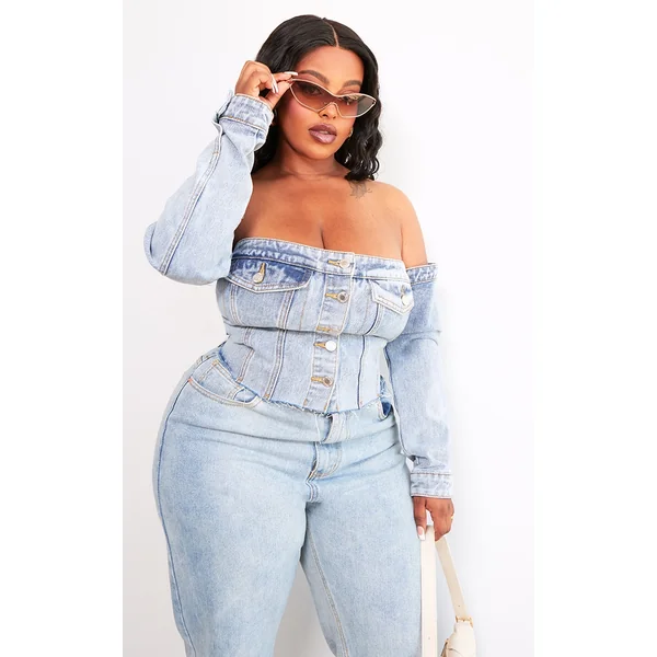 Plus Light Blue Wash Button Up Bardot Denim Corset