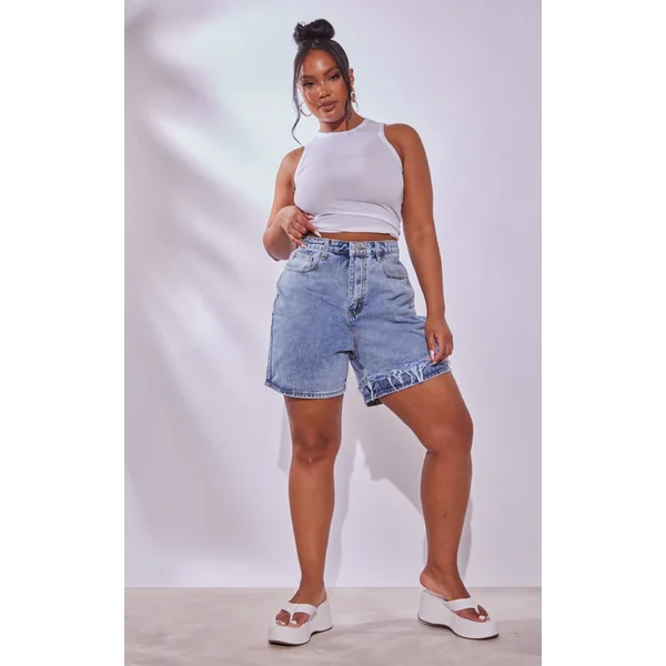 Plus Light Blue Wash Distressed Longline Denim Shorts
