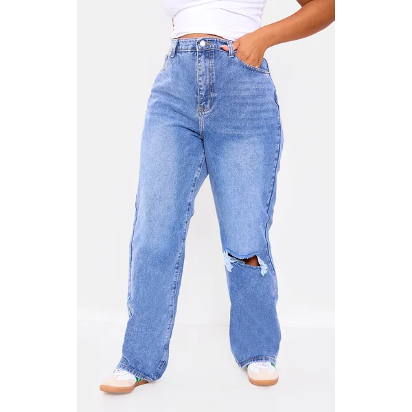 Plus Light Blue Wash Open Knee Long Leg Straight Leg Jeans