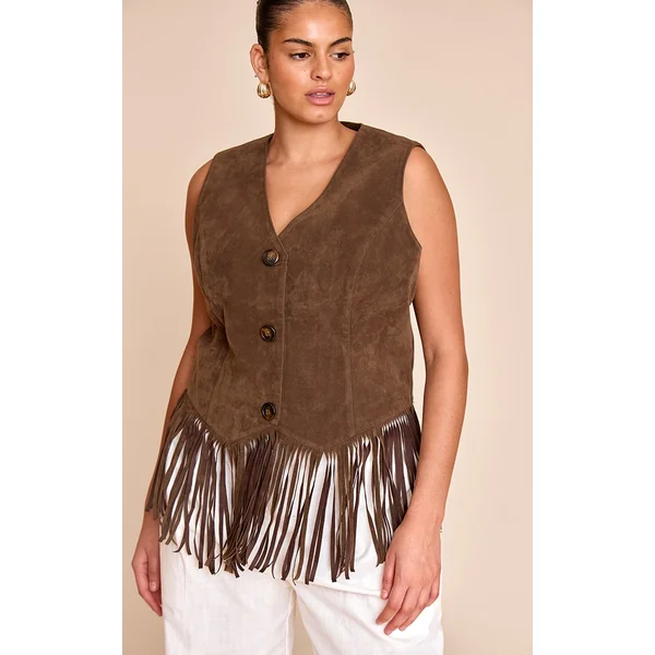 Plus Light Brown Faxu Suede Tassel Vest