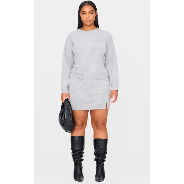 Plus Light Grey Asymmetric Fluffy Yarn Mini Skirt