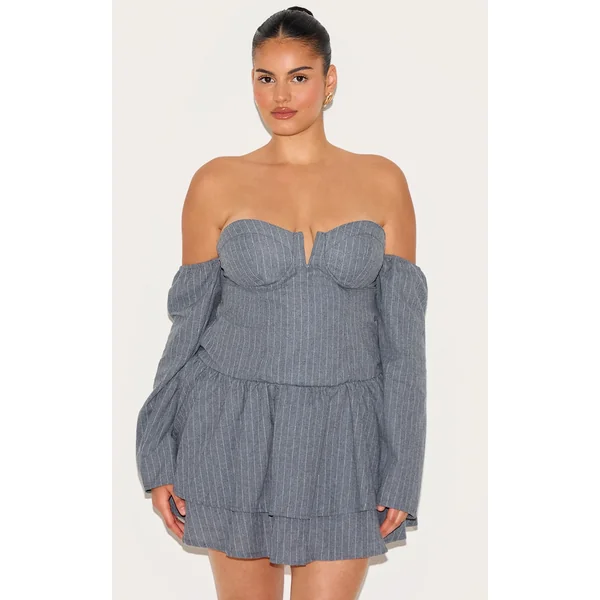 Plus Light Grey Cup Detail Pinstripe Bardot Shift Dress