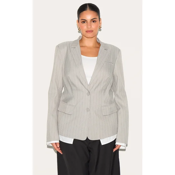 Plus Light Grey Pinstripe Shirt Detail Blazer