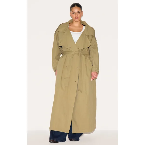 Plus Light Khaki Popper Detail Trench Coat