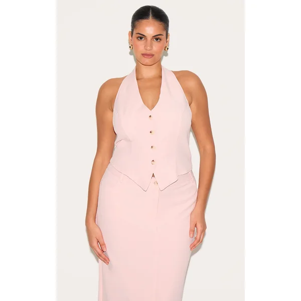 Plus Light Pink Tailored Woven Backless Halterneck Vest