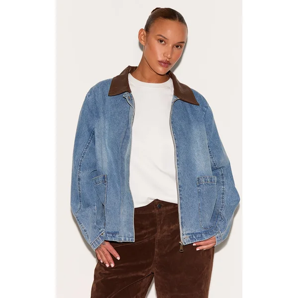 Plus Light Vintage Blue Faux Leather Collar Denim Jacket