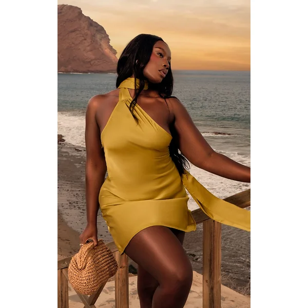 Plus Lime Satin Scarf Detail Bodycon Dress
