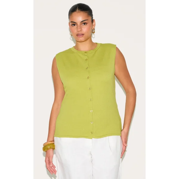 Plus Lime Sleeveless Button Through Sleeveless Top