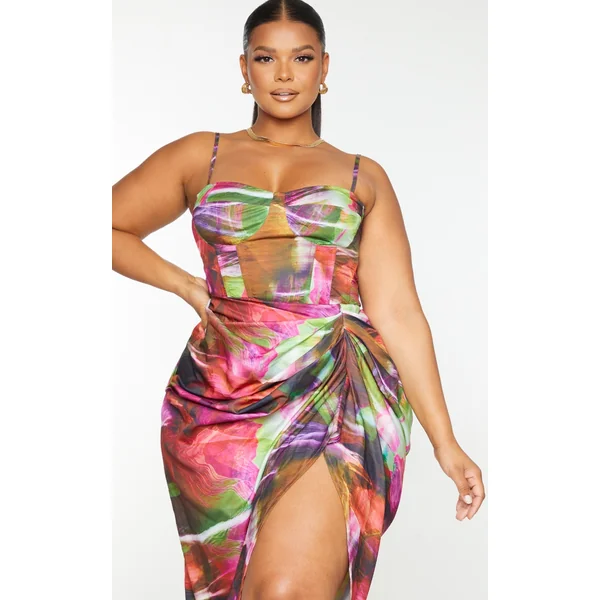 Plus Lime Textured Print Structured Corset Top