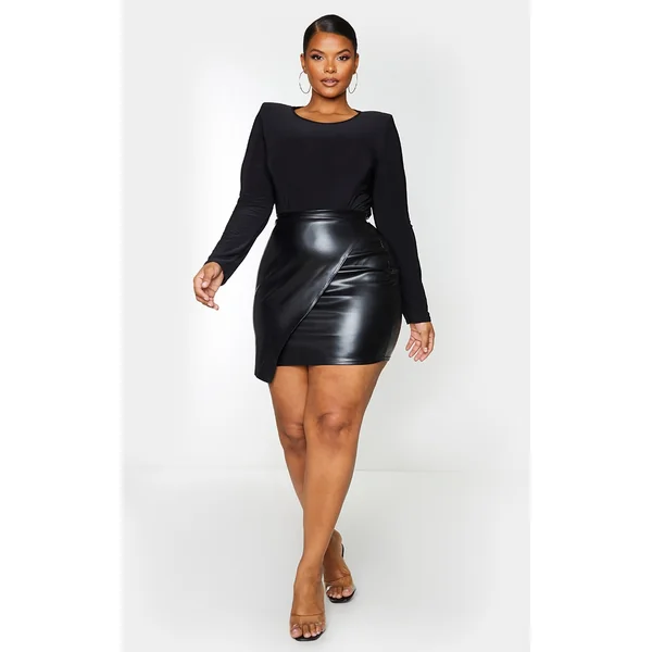 Plus Luisa Black Faux Leather Wrap Mini Skirt
