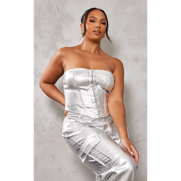 Plus Metallic Coated Denim Corset