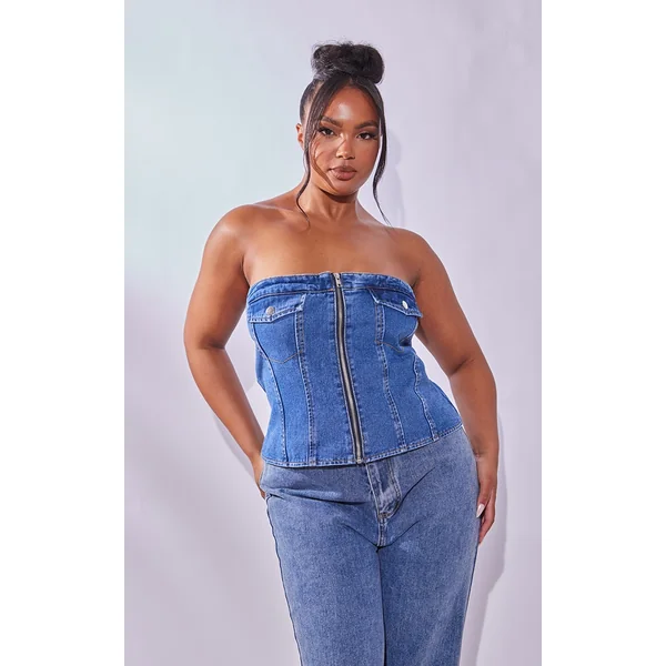 Plus Mid Blue Wash Bandeau Zip Up Denim Corset