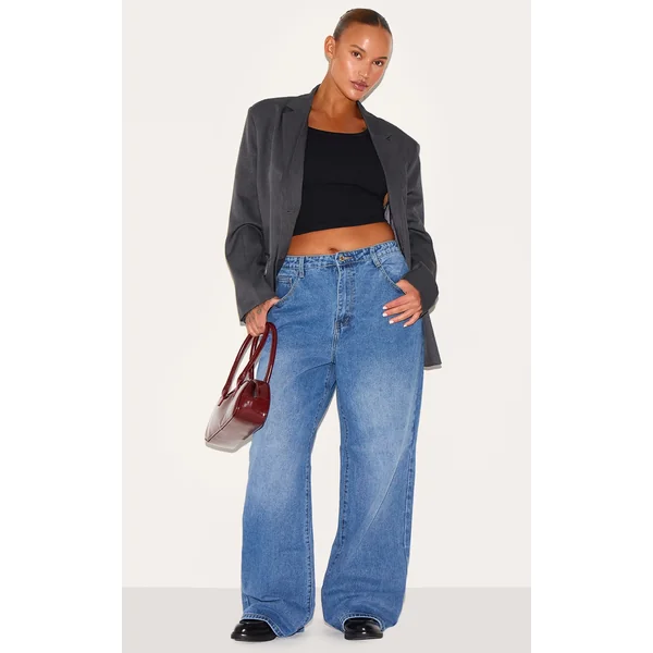 Plus Mid Blue Wash Mid Rise Straight Leg Jeans