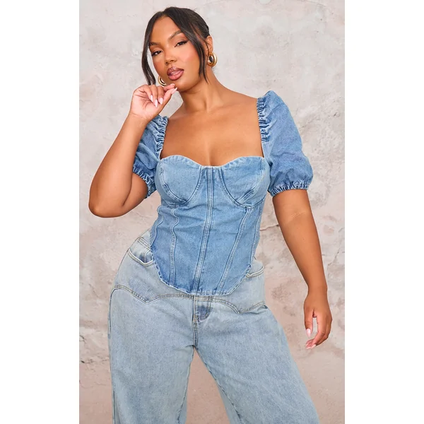Plus Mid Blue Wash Puff Sleeve Denim Corset Top