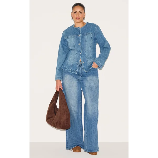 Plus Mid Blue Wash Wide Leg Jeans