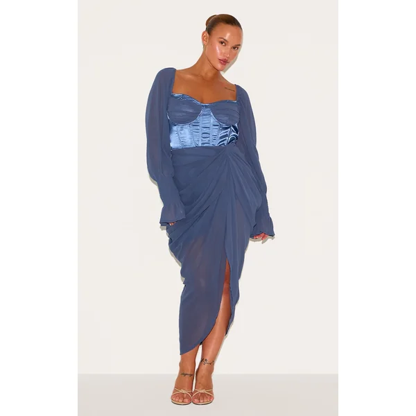 Plus Mineral Blue Satin Insert Draped Chiffon Midi Dress