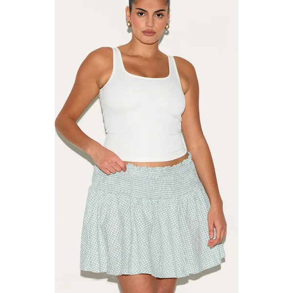 Plus Mint Gingham Broderie Embroidered Shirred Waist Mini Skirt