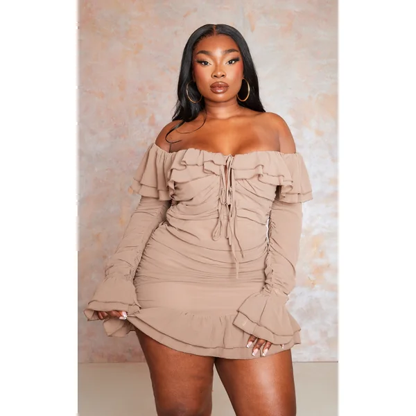 Plus Mocha Bardot Ruffle Detail Shift Dress