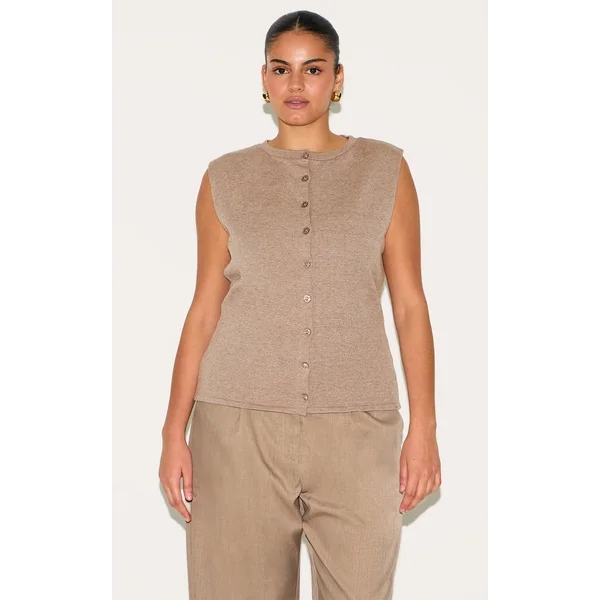 Plus Mocha Button Through Sleeveless Top