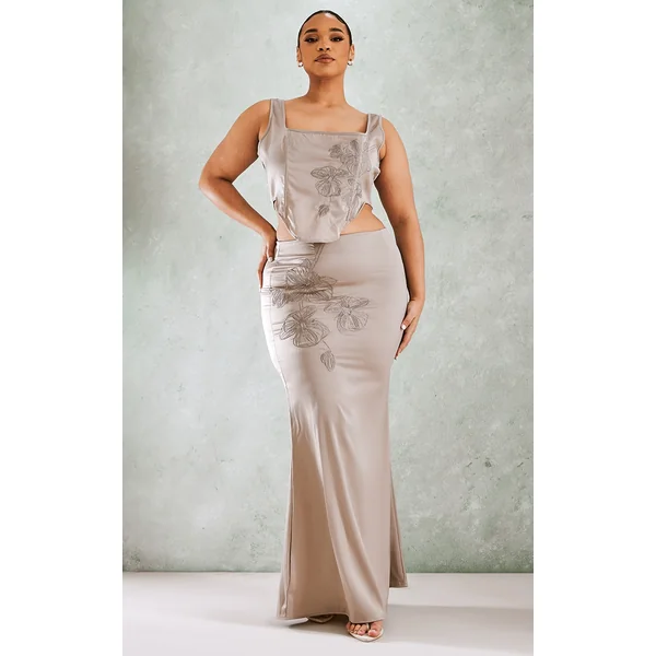 Plus Mocha Embroidered Floral Satin Maxi Skirt