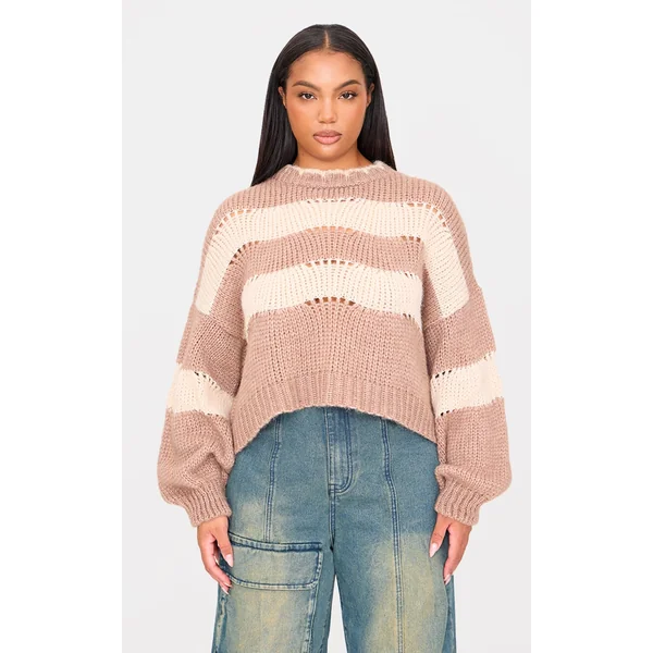 Plus Mocha Striped Fluffyy Oversized Sweater