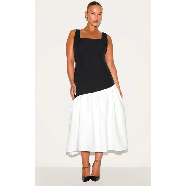 Plus Monochrome Contrast Pleated Hem Square Neck Midaxi Dress
