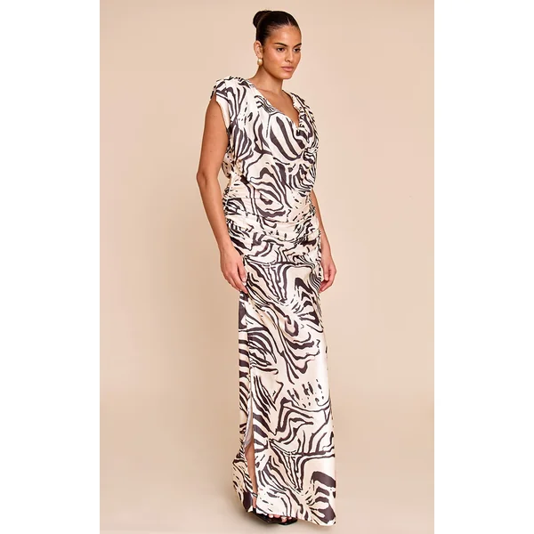 Plus Monochrome Printed Extreme Cowl Ruched Detail Maxi Dress