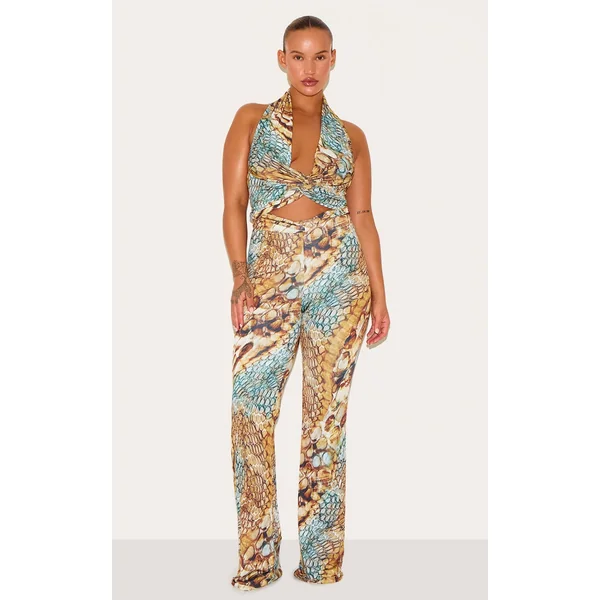 Plus Multi Abstract Snake Print Double Layer Slinky Flare Pants