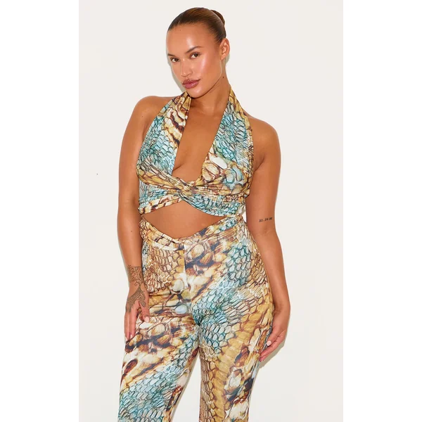 Plus Multi Abstract Snake Print Double Layer Slinky Twist Crop Top