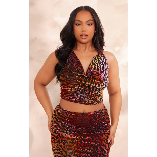 Plus Multi Animal Printed Devore Cowl Halterneck Crop Top