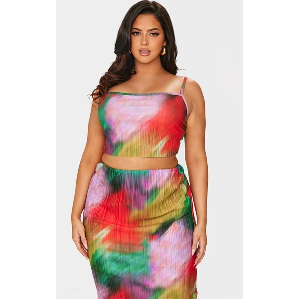 Plus Multi Print Plisse Square Neck Crop Top