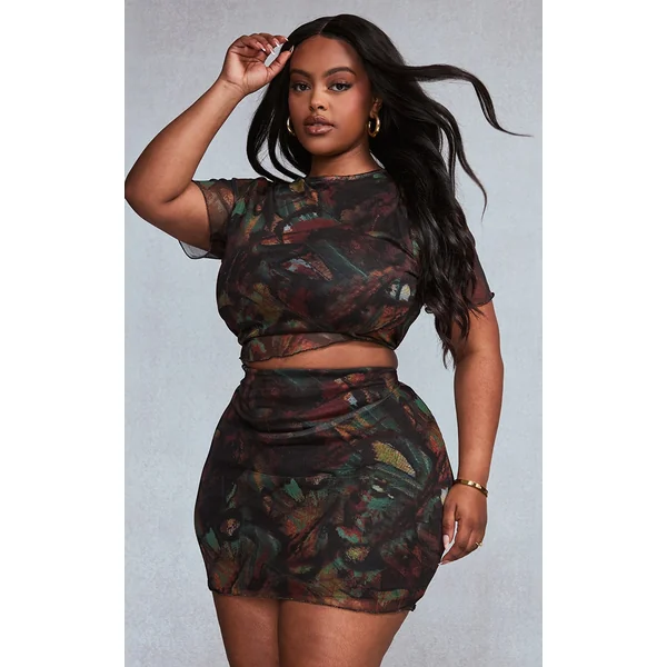 Plus Multi Printed Lettuce Hem Mesh Top