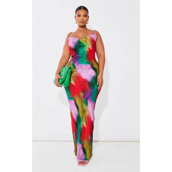 Plus Multi Printed Plisse Cowl Neck Maxi Dress