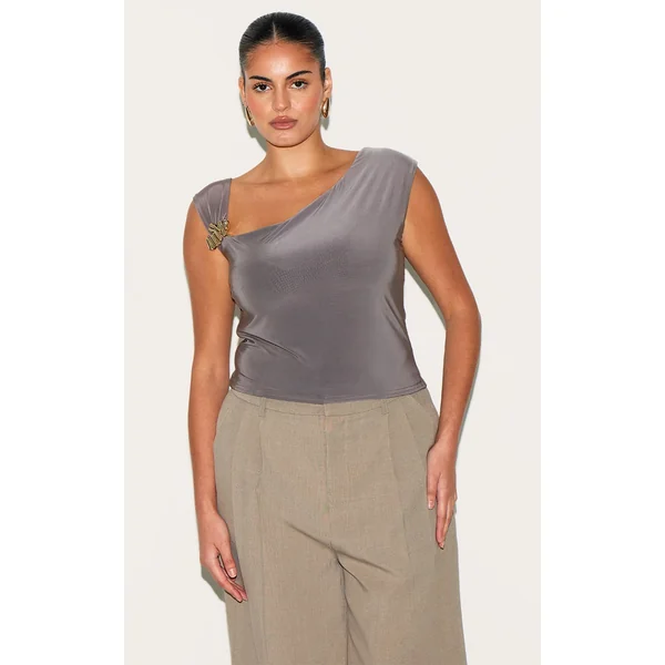 Plus Mushroom Double Layer Slinky Trim Detail Asymmetric Top