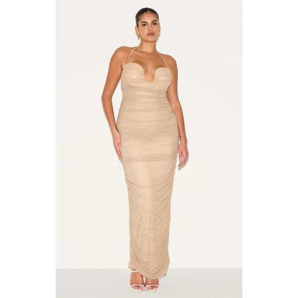 Plus Mushroom Mesh Ruched Bandeau Maxi Dress