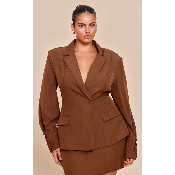 Plus Mushroom Woven Cinched Waist Fitted Blazer