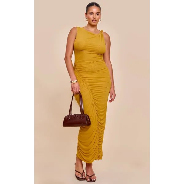 Plus Mustard Double Layer Mesh Boat Neck Ruched Maxi Dress