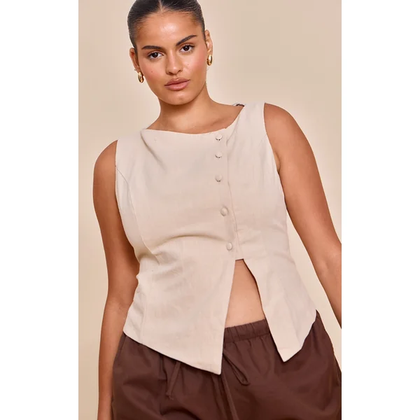 Plus Natural Premium Linen Asymmetric Button Up Vest