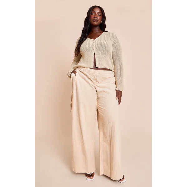 Plus Natural Premium Linen Side Tie Detail Wide Leg Pants