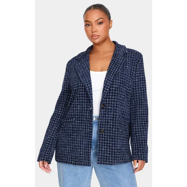 Plus Navy Boucle Check Blazer