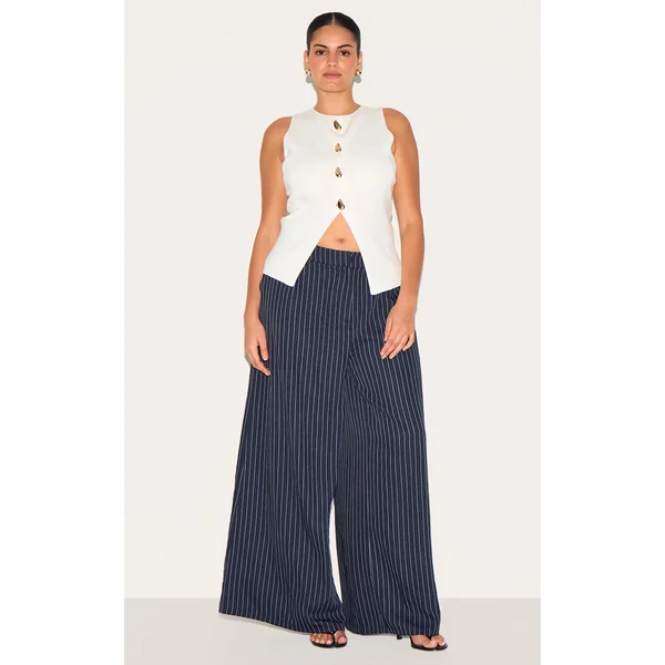 Plus Navy Maxi Pinstripe Tailored Woven Straight Leg Pants